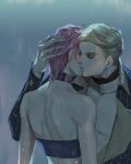  1boy 1girl blonde_hair blue_eyes formal hetero jojo_no_kimyou_na_bouken kiss kissing_cheek midriff open_clothes open_shirt pectorals pink_hair prosciutto short_hair suit trish_una vento_aureo yepnean 