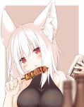  1girl animal_ears bare_shoulders blush border bottle breasts cup daidai_ookami eyebrows_visible_through_hair food hair_between_eyes holding holding_cup holding_food inubashiri_momiji large_breasts medium_hair open_mouth red_eyes solo touhou white_border white_hair wolf_ears 