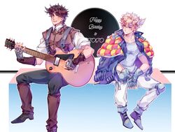  2boys battle_tendency blonde_hair boots brown_hair caesar_anthonio_zeppeli facial_mark fingerless_gloves gloves green_eyes guitar happy_birthday headband highres instrument jacket jacket_on_shoulders jojo_no_kimyou_na_bouken joseph_joestar joseph_joestar_(young) knee_pads male_focus multiple_boys music playing_instrument quilted_coat sky_kiki suspenders triangle_print vest 