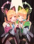  2girls blonde_hair blue_archive blurry blurry_background cat_ear_headphones commentary_request couch dodomi_l green_eyes halo headphones highres jacket midori_(blue_archive) momoi_(blue_archive) multiple_girls necktie red_eyes school_uniform short_hair siblings twins 
