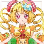  1girl blonde_hair commentary cure_yum-yum delicious_party_precure drill_hair eyelashes fpminnie1 hair_ornament hanamichi_ran highres looking_at_viewer magical_girl men-men_(precure) pink_eyes precure simple_background sketch solo twintails white_background 
