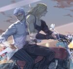  blonde_hair blue_hair curly_hair domino_mask ghiaccio glasses gloves ground_vehicle jojo_no_kimyou_na_bouken long_hair male_focus mask melone motor_vehicle motorcycle pants pinstripe_pants pinstripe_pattern purple_gloves striped vento_aureo yepnean 