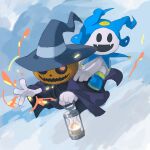  :d clouds commentary_request fangs fire gloves hat highres holding holding_lantern jack_frost lantern liba_(leo8d) no_humans open_mouth pyro_jack riding shin_megami_tensei sky smile smiley_face white_gloves wizard_hat 