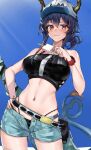  1girl :p arknights bangs bare_shoulders baseball_cap belt belt_pouch bikini black_bikini black_hair blue_shorts blue_sky blush breasts ch&#039;en_(arknights) closed_mouth cowboy_shot day dragon_girl dragon_horns dragon_tail eyebrows_visible_through_hair female_tourist_c_(arknights) food hand_on_hip hat heart heart_tail highres holding holding_food horns horns_through_headwear large_breasts light_rays long_hair looking_at_viewer multicolored_hair navel open_fly outdoors popsicle pouch red_eyes redhead short_ponytail shorts sky smile solo srpzk stomach streaked_hair sunbeam sunlight swimsuit tail tongue tongue_out two_side_up watch watch white_headwear 