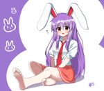 1girl animal_ears bangs barefoot blush breasts carrot_necklace chaleu collar collared_shirt eyebrows_visible_through_hair hair_between_eyes highres looking_at_viewer medium_breasts necktie open_mouth orange_skirt puffy_short_sleeves puffy_sleeves purple_background rabbit_ears red_eyes red_necktie reisen_udongein_inaba shirt short_sleeves sitting skirt smile solo touhou white_background white_shirt 