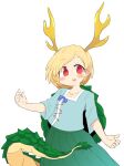  1girl antlers blonde_hair blue_shirt blush blush_stickers collarbone dragon_horns dragon_tail eyebrows_visible_through_hair green_skirt horns ini_(inunabe00) kicchou_yachie open_mouth pleated_skirt red_eyes shirt short_hair simple_background skirt smile solo tail touhou turtle_shell white_background yellow_horns 