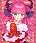  1girl bangs bare_shoulders black_dress blue_eyes blush breasts curled_horns dragon_girl dragon_horns dress elizabeth_bathory_(fate) fate/extra fate_(series) hair_ribbon horns long_hair looking_to_the_side open_mouth pink_hair pointy_ears ribbon sara_(kurome1127) small_breasts solo two_side_up 