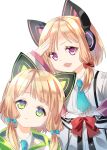  2girls az_(pixiv74819330) blonde_hair blue_archive blurry blurry_background cat_ear_headphones commentary_request couch green_eyes halo headphones highres jacket midori_(blue_archive) momoi_(blue_archive) multiple_girls necktie red_eyes school_uniform short_hair siblings twins 