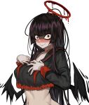  1girl absurdres bangs black_hair black_wings blue_archive blush closed_mouth crop_top dark_halo embarrassed feathered_wings highres long_hair long_sleeves looking_at_viewer loooyd navel nose_blush pale_skin red_eyes school_uniform serafuku solo tsurugi_(blue_archive) upper_body wavy_mouth wings 