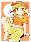  1girl animal_ears barefoot blonde_hair blush border brown_headwear cabbie_hat closed_mouth eyebrows_visible_through_hair floppy_ears hat ini_(inunabe00) navel orange_shirt rabbit_ears red_eyes ringo_(touhou) shirt short_hair short_sleeves shorts solo striped striped_shorts touhou vertical_stripes white_border yellow_shorts 