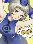  1girl armpits arms_behind_head arms_up bare_shoulders breasts dress elizabeth_(persona) english_text gloves hat highres light_blush looking_at_viewer medium_breasts persona persona_3 poechan_chan puckered_lips short_hair silver_hair simple_background sleeveless smile solo sound_effects speech_bubble white_hair yellow_eyes 