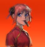  1girl bangs blue_eyes breasts bun_cover china_dress chinese_clothes chinese_commentary closed_mouth commentary_request dress gintama godzillapigeon1 gradient gradient_background happy kagura_(gintama) looking_to_the_side mouth_hold pink_hair red_background red_dress short_hair short_sleeves sidelocks simple_background small_breasts smile solo upper_body 