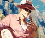  1boy brown_hair buzz_cut cocktail_glass cup drinking_glass drinking_straw fedora formaggio grin hat jewelry jojo_no_kimyou_na_bouken male_focus mountain necklace pink_shirt redhead shirt short_hair smile solo sunglasses very_short_hair yepnean 