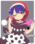  1girl black_dress blue_eyes blue_hair blush border closed_mouth doremy_sweet dream_soul dress eyebrows_visible_through_hair hat ini_(inunabe00) nightcap one_eye_closed pom_pom_(clothes) red_headwear short_hair short_sleeves solo tail tapir_tail touhou upper_body white_border 