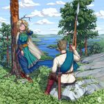  1boy 1girl absurdres aqua_eyes belt blonde_hair brown_hair cloak clouds grass highres island knife ocean original ostwindprojekt pants polearm rock sash scabbard sheath shirt shoes sitting sky smile spear sword tree tree_trunk weapon 