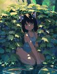  1girl :o animal_ears black_hair cat_ears dappled_sunlight hand_on_ground highres kgt_(pixiv12957613) leaf lily_pad nature on_ground original scenery short_hair sitting solo sunlight water 