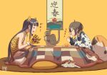  2girls absurdres ahoge animal_ears animal_hands animal_print black_hair blue_eyes brown_hair cat chinese_zodiac fake_animal_ears food fruit gloves green_eyes hanging_scroll highres kotatsu long_hair mandarin_orange michinoku_(hiking_miusan18) multiple_girls original paw_gloves scroll short_hair sitting table tiger_ears tiger_print year_of_the_tiger 