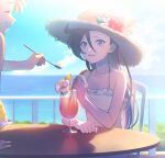  2girls :d bangs bare_arms blue_eyes blue_sky breasts brown_hair closed_eyes clouds collarbone day drinking_straw grin hair_between_eyes halterneck hat highres holding holding_spoon long_hair looking_at_another looking_up medium_breasts multiple_girls natsuumi_manatsu ocean outdoors precure shirt sitting sky sleeveless sleeveless_shirt smile solo_focus spoon straw_hat summer sun_hat takizawa_asuka tropical-rouge!_precure very_long_hair white_shirt yuzu_sato 