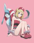  1girl anklet arm_support bangs blue_eyes blush bracelet closed_mouth collar commentary_request eyelashes glaceon grey_shorts hair_between_eyes hat highres irida_(pokemon) jewelry medium_hair odd_(hin_yari) pink_background pokemon pokemon_(creature) pokemon_(game) pokemon_legends:_arceus red_footwear red_headwear red_shirt sash shirt shoes shorts simple_background smile strapless strapless_shirt 