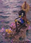  afro alcohol_(alc96vol) ascot boat brook flower frilled_sleeves frills grave highres holding holding_instrument instrument ocean one_piece skeleton solo violin watercraft wreath 