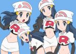  1girl beanie black_gloves blue_background boots clenched_hands closed_mouth commentary_request cosplay cropped_jacket elbow_gloves eyelashes gloves grey_eyes hainchu hair_ornament hairclip hat highres hikari_(pokemon) jacket jessie_(pokemon) jessie_(pokemon)_(cosplay) logo long_hair multiple_views navel open_mouth pokemon pokemon_(anime) pokemon_dppt_(anime) sidelocks simple_background skirt thigh-highs thigh_boots tongue w_arms white_headwear white_jacket white_skirt 