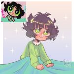  1girl bangs black_hair blush bright_pupils buttercup_(ppg) buttercup_redraw_challenge coffeeyt derivative_work gradient gradient_background green_eyes green_pajamas highres long_sleeves looking_at_viewer messy_hair powerpuff_girls reference_inset screencap_redraw smile solo sparkle twitter_username under_covers upper_body white_pupils 