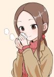  1girl absurdres brown_eyes brown_hair brown_jacket closed_mouth collared_jacket commentary_request cup disposable_cup hair_tie hands_up highres holding holding_cup inaba_mifumi jacket karakai_jouzu_no_(moto)_takagi-san long_hair long_sleeves red_sweater simple_background smile solo steam sweater takagi-san upper_body 