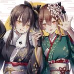  2girls :3 bangs black_gloves black_kimono black_ribbon brown_eyes brown_hair collarbone commentary_request crossed_bangs eyebrows eyebrows_visible_through_hair fingerless_gloves fingernails flower fur-trimmed_kimono fur_trim girls_frontline gloves green_kimono grey_hair hair_flower hair_ornament hair_ribbon hairpin head_tilt highres holding holding_hands japanese_clothes kimono kogarashi_kon long_hair long_sleeves multiple_girls obi open_mouth parted_lips ponytail ribbon sash scar scar_across_eye scar_on_face siblings side_ponytail sidelocks simple_background single_glove sisters smile traditional_clothes twintails ump45_(girls&#039;_frontline) ump9_(girls&#039;_frontline) upper_body waving white_background wide_sleeves yellow_eyes 