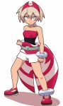  1girl arm_wrap bangs bea_(pokemon) cosplay costume_switch grey_eyes grey_hair highres irida_(pokemon) knees kurachi_mizuki pokemon pokemon_(game) pokemon_legends:_arceus pokemon_swsh red_headwear red_shirt shirt short_hair shorts solo strapless strapless_shirt white_shorts 