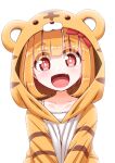  1girl animal_ears animal_hood animal_print bangs blonde_hair bow commentary_request fake_animal_ears fang hair_bow highres hood looking_at_viewer medium_hair open_mouth red_bow red_eyes roco_(katsuya1011) rumia simple_background skin_fang smile solo tiger_print touhou upper_body white_background 