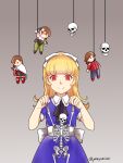  1girl alice_(megami_tensei) blonde_hair blue_dress character_doll commentary_request dress glowing glowing_eyes grey_background hair_ribbon highres kazuya_(shin_megami_tensei) long_hair red_eyes ribbon shin_megami_tensei shin_megami_tensei_i signature skeleton skull_ornament smile solo x_x yuji_(shin_megami_tensei) yuka_(shin_megami_tensei) yumiyumi1105 