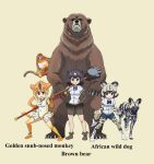  3girls african_wild_dog african_wild_dog_(kemono_friends) african_wild_dog_print animal_ears bangs bear bear_ears beige_background bike_shorts_under_skirt black_eyes black_hair black_skirt blue_shorts bob_cut boots brown_bear_(kemono_friends) brown_footwear brown_shorts clenched_hands closed_mouth commentary_request creature_and_personification cutoffs dog_ears dog_tail english_text fighting_stance frown golden_snub-nosed_monkey golden_snub-nosed_monkey_(kemono_friends) hand_on_hip highres holding holding_pole holding_weapon kemono_friends layered_sleeves leotard long_sleeves looking_at_viewer miniskirt monkey_tail multiple_girls namesake open_mouth orange_footwear orange_hair orange_legwear over_shoulder pleated_skirt pole print_legwear shirt shoes short_hair short_over_long_sleeves short_sleeves shorts silver_hair simple_background skirt sleeveless smile standing tail thigh-highs weapon white_footwear white_leotard white_shirt yamaguchi_yoshimi 