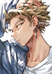 1boy adam&#039;s_apple arm_up artist_name boku_no_hero_academia brown_hair collarbone collared_shirt denim_shirt ear_piercing earrings facial_hair facial_mark feather_earrings feathers goatee hand_in_hair hawks_(boku_no_hero_academia) jewelry kadeart looking_afar male_focus multiple_piercings nape oversized_clothes oversized_shirt piercing profile ring shirt short_hair solo stubble stud_earrings white_background white_shirt yellow_eyes 