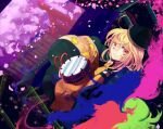  1girl aura blonde_hair boots chair cherry_blossoms constellation_print drum falling_petals from_above from_behind green_skirt hand_on_own_chin hat instrument long_sleeves looking_at_viewer matara_okina petals sitting skirt smile solo tabard teeth touhou tree tsukikusa wide_sleeves yellow_eyes 