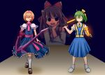  3girls :q alice_margatroid bangs black_eyes blonde_hair blood blood_on_face blue_dress blue_eyes bois_de_justice bow bowtie brown_footwear brown_hair capelet closed_mouth collared_shirt commentary_request cookie_(touhou) daiyousei detached_sleeves dies_irae diyusi_(cookie) dress empty_eyes expressionless eyebrows_visible_through_hair feet_out_of_frame frilled_bow frilled_capelet frilled_dress frilled_hair_tubes frilled_hairband frilled_neckwear frilled_sash frills full_body green_hair hair_between_eyes hair_bow hair_tubes hairband hakurei_reimu hand_on_own_cheek hand_on_own_face high-visibility_vest highres hinase_(cookie) holding long_hair looking_at_viewer looking_to_the_side mary_janes multiple_girls necktie noel_(cookie) open_mouth pinafore_dress pink_hairband pink_necktie pink_sash puffy_short_sleeves puffy_sleeves red_bow red_eyes red_shirt red_skirt sash shinza_bansho_series shirt shoes short_hair short_sleeves side_ponytail skirt skirt_set sleeveless sleeveless_shirt smile socks squatting standing teeth tongue tongue_out touhou traffic_baton upper_teeth walking white_capelet white_footwear white_legwear white_shirt white_sleeves yellow_bow yellow_bowtie yellow_necktie youreizou_(lower_than_-273.15c) 