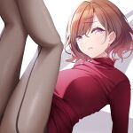  1girl bangs blush brown_hair brown_legwear hair_ornament hairclip higuchi_madoka idolmaster idolmaster_shiny_colors legs_up light_purple_eyes looking_at_viewer lying mole mole_under_eye open_mouth pantyhose parted_lips red_sweater short_hair sogdin solo sweater swept_bangs thighs 