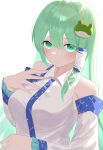  1girl absurdres anima_miko bare_shoulders blush breasts detached_sleeves frog_hair_ornament green_eyes grey_hair hair_ornament hair_tubes hand_on_own_chest hand_up highres kochiya_sanae long_hair looking_at_viewer medium_breasts nontraditional_miko shirt simple_background smile snake_hair_ornament solo touhou upper_body very_long_hair white_shirt 