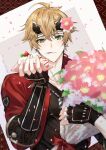  1boy ahoge asa_no_ha_(pattern) bite_mark black_gloves black_shirt blonde_hair border bouquet cake cake_slice earrings fake_horns faux_traditional_media fingerless_gloves fleur_de_lis_print flower food fruit genshin_impact gloves green_eyes hair_between_eyes hair_flower hair_ornament headband highres holding holding_food horned_headwear horns jacket japanese_clothes jewelry licking_lips long_bangs looking_at_viewer male_focus outside_border patterned_background seigaiha shirt short_hair simple_background sonomi strawberry stud_earrings thoma_(genshin_impact) tight tight_shirt toned toned_male tongue tongue_out twitter_username underpec v-neck white_border 