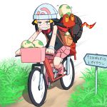  1girl arrow_(symbol) backpack bag beanie bicycle bicycle_basket black_hair black_shirt boots brown_bag clenched_teeth commentary_request egg gameplay_mechanics grass ground_vehicle hair_ornament hat highres hikari_(pokemon) long_hair magcargo motion_lines outdoors pink_footwear pink_skirt poke_ball_print pokemon pokemon_(creature) pokemon_(game) pokemon_dppt pokemon_egg red_scarf riding_bicycle road road_sign scarf shadow shirt sign skirt sleeveless sleeveless_shirt speed_lines sweat teeth translation_request white_headwear yachima_tana 