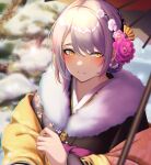  1girl 3_small_spiders absurdres bangs blonde_hair blush closed_mouth earrings eyebrows_visible_through_hair flower fur-trimmed_kimono fur_trim girls_frontline hair_between_eyes hair_flower hair_ornament highres japanese_clothes jewelry kimono looking_at_viewer official_alternate_costume oil-paper_umbrella short_hair smile solo umbrella upper_body vector_(girls&#039;_frontline) winter yellow_eyes 