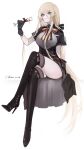  1girl absurdres azur_lane bismarck_(azur_lane) bismarck_(iron_black_elysium)_(azur_lane) black_footwear black_gloves black_legwear blonde_hair blue_eyes boots breasts commentary_request cross cup drink drinking_glass eyebrows_visible_through_hair gloves grey_shirt high_heel_boots high_heels highres holding holding_drink iron_cross large_breasts long_hair maid official_alternate_costume rae_(632230212) shirt short_sleeves thigh-highs thigh_boots thighhighs_under_boots wine_glass 