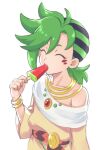  1boy black_hair eating facial_mark food green_hair hair_between_eyes highres holding holding_food jewelry male_focus mauro_abelard multicolored_hair necklace off_shoulder otoko_no_ko popsicle riku_son shadowverse shadowverse_(anime) simple_background solo spiky_hair tunic two-tone_hair watermelon_bar white_background 