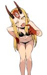  1girl bent_over bikini black_bikini blonde_hair breasts ddari facial_mark fang fate/grand_order fate_(series) feet_out_of_frame fingernails forehead_mark head_tilt highres horns ibaraki_douji_(fate) ibaraki_douji_(swimsuit_lancer)_(fate) long_hair looking_at_viewer navel oni oni_horns open_mouth pointy_ears sharp_fingernails short_eyebrows simple_background skin_fang small_breasts smile solo swimsuit tattoo thigh_gap white_background yellow_eyes 