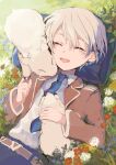  1boy blush closed_eyes collared_shirt cuddling fangs flower formal highres laughing long_sleeves lying male_focus necktie original outdoors pale_skin pillow rabbit shirt smile suit white_hair yunomori_r 