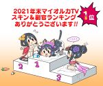  3girls :3 :p animal_ears black_hair carrot cat_ears cat_girl cat_tail chibi full_body japanese_clothes kunoichi_kaen kunoichi_zero last_origin licking long_hair milk milk_carton multiple_girls obui poi_(last_origin) popularity_contest short_hair tail tongue tongue_out |_| 