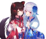  2girls absurdres animal_ears bangs blue_flower blue_hair blue_kimono blue_nails blush braid brown_hair closed_mouth commentary_request crown_braid dog_ears dog_girl dog_tail eyebrows_visible_through_hair flower fur_collar hair_flower hair_ornament hair_ribbon hands_up heterochromia highres inui_toko japanese_clothes kimono lize_helesta long_hair long_sleeves multicolored_hair multiple_girls nenehotoso nijisanji parted_lips pink_eyes print_kimono red_eyes red_kimono red_nails red_ribbon ribbon short_hair silver_hair simple_background smile tail tail_raised two-tone_hair v virtual_youtuber white_background wide_sleeves yellow_eyes 