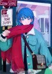  1girl blue_eyes blue_hair coat fur_trim highres kiritani_haruka long_sleeves nail_polish project_sekai red_scarf scarf short_hair smile solo ta07 