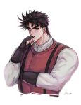  1boy battle_tendency black_hair blush brown_hair covering_mouth fingerless_gloves gloves green_eyes highres jojo_no_kimyou_na_bouken joseph_joestar joseph_joestar_(young) oppi_(ksop28) shy solo suspenders sweater_vest 