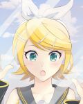  1girl :o black_sailor_collar black_sleeves blonde_hair blue_eyes blush detached_sleeves eyelashes face fangxingdeyinxue glass hair_ornament hairpin headset kagamine_rin open_mouth outdoors sailor_collar shirt short_hair sleeveless sleeveless_shirt vocaloid white_shirt wide_sleeves 