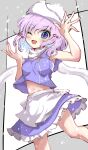  1girl ;d \||/ absurdres adapted_costume bare_shoulders blush colored_inner_hair feet_out_of_frame from_below hand_up hat highres kayon_(touzoku) letty_whiterock looking_at_viewer multicolored_hair nail_polish navel one_eye_closed petticoat purple_hair skirt smile solo touhou violet_eyes 